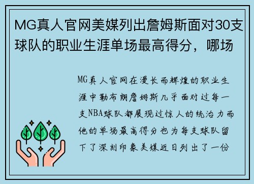 MG真人官网美媒列出詹姆斯面对30支球队的职业生涯单场最高得分，哪场最让人难忘？